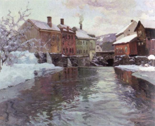 Frits Thaulow snow covered buildings by a river China oil painting art